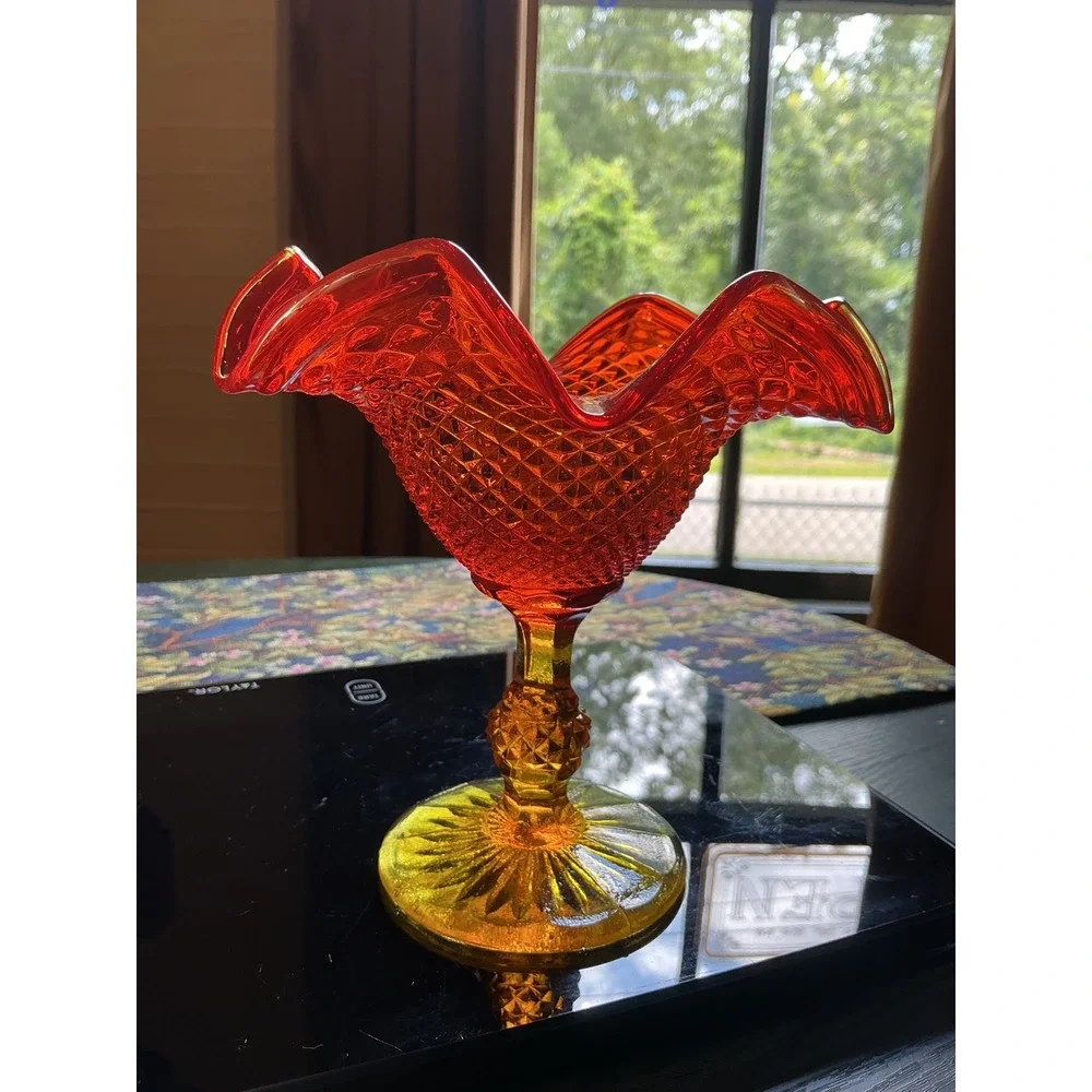 Vintage Amberina Glass Ruffled Compote Dish Diamond Point Pedestal Red‎ Yellow
